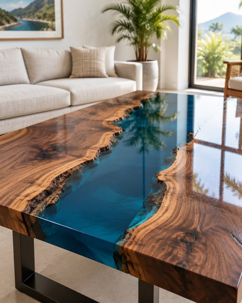Mesa rio de madeira com preenchimento de resina epóxi azul